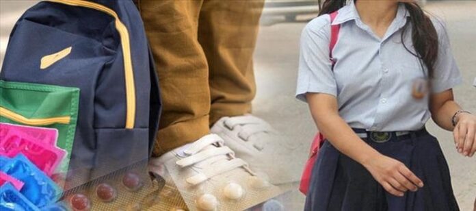 school bag and students
