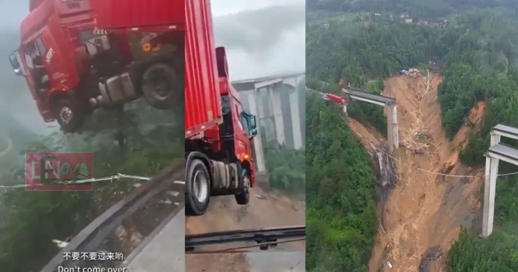 in china bridge collapsed and a truck dangles in mid air viral video
