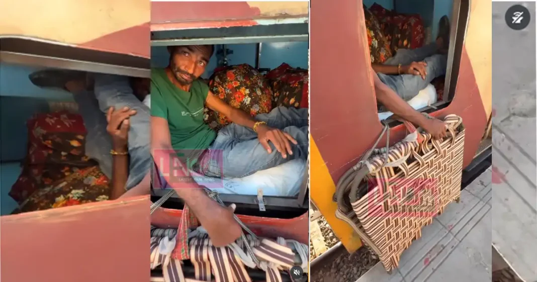 man turns train bathroom into bedroom