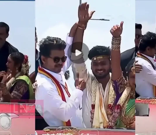 നവദമ്പതികളെ തന്റെ പ്രചാരണ വാഹനത്തിലേക്ക് വിളിച്ച് അനുഗ്രഹിക്കുന്ന വിജയ്യുടെ ഹൃദ്യമായ വീഡിയോ വൈറൽ ;കാണാം